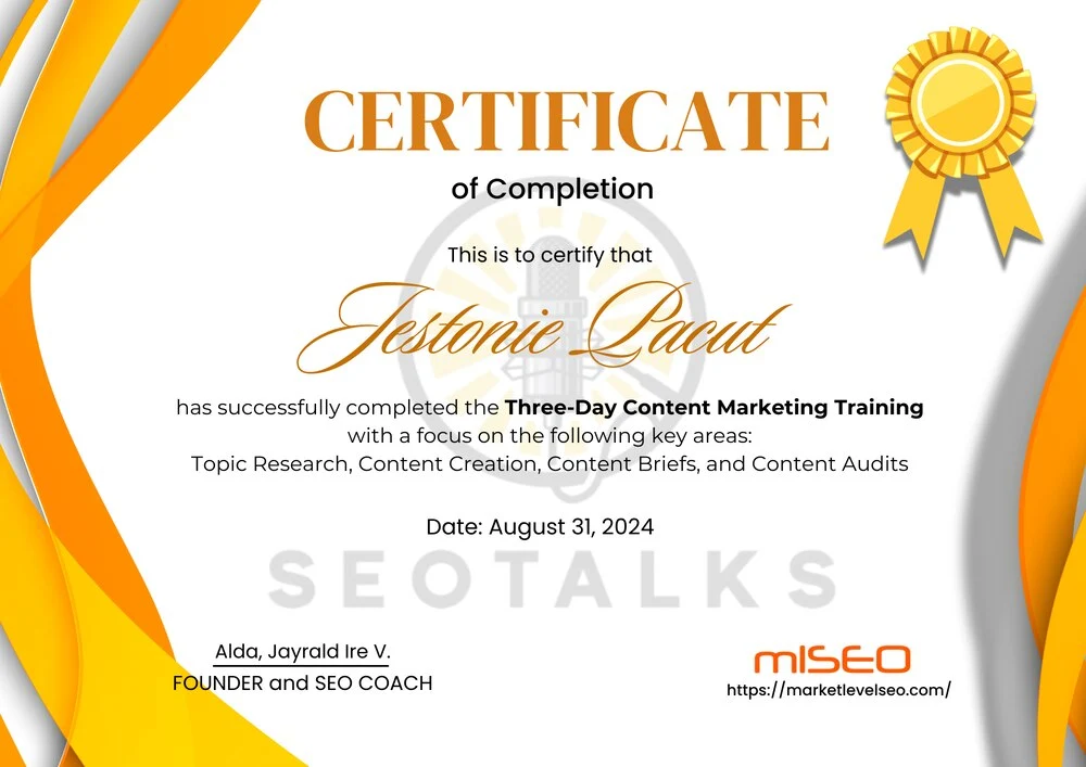 Certificate of Jestonie Pacut an seo specialist in Philippines, attending a 3 days training for content marketing from the Philippines