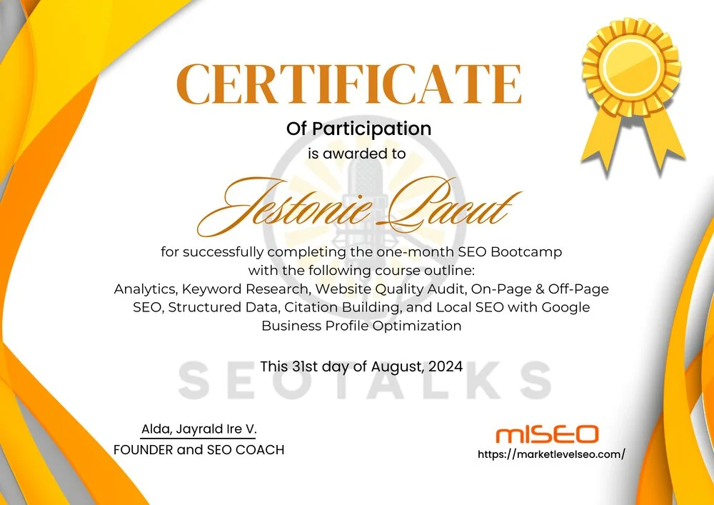 Certificate of Jestonie Pacut attending an seo bootcamp
